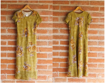 Vintage Y2K 90s Darian Green Crinkle Floral Whimsigoth Summer Dress