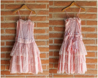 Vintage Pink Ruffled Lace Corsetted Tiered Princess Dress - 80s 60s Country Western