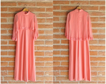 Vintage 60s Miss Rubette High Neck Pink Dress with Chiffon Capelet Overlay