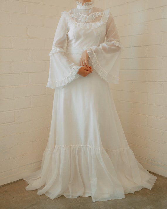 Romantic Vintage 70s Wedding Dress with Bell Sleev