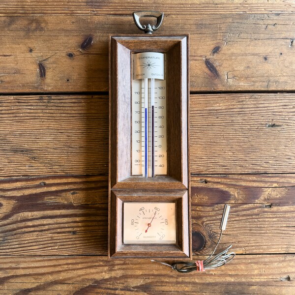 Vintage Springfield Mid Century MCM Faux Wood Thermometer Humidity Meter