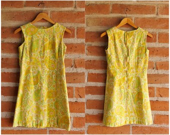 Vintage 60s/70s Yellow Paisley Floral Mini Dress