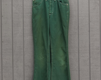 Vintage 1970s High Waist Bell Bottom Wide Leg Green Western Jeans