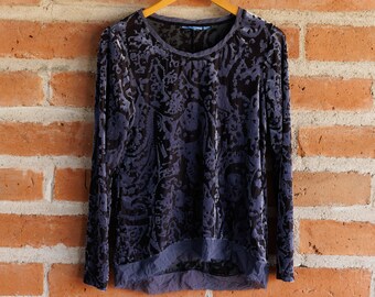 Vintage Purple and Black Sheer Velvet Burnout Raw Hem Whimsigoth Y2K Long Sleeve Shirt