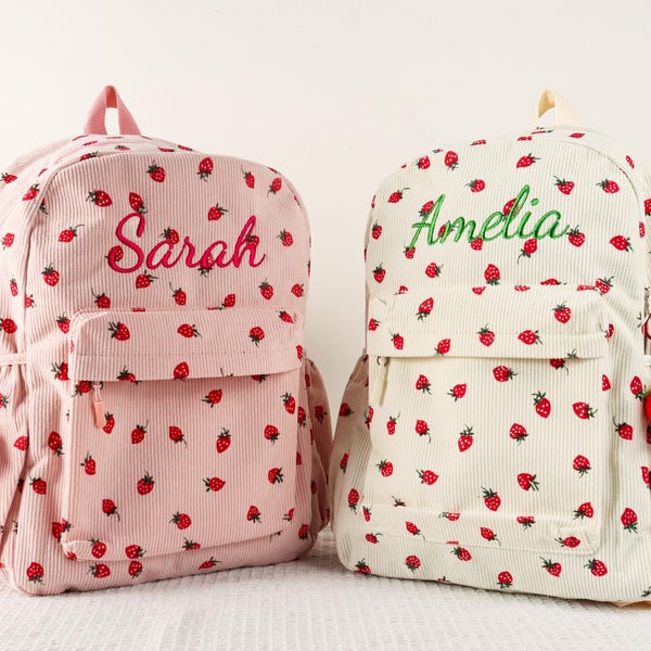 Sac à dos personnalisé avec prénom aux fraises, cartable personnalisé pour elle, sac à dos avec prénom brodé pour tout-petit, sac à dos personnalisé en velours côtelé pour elle