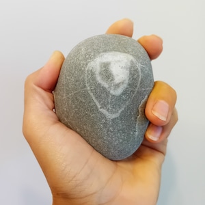 May include: A hand holding a gray stone with a white pattern resembling a face.