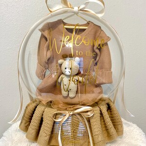 Personalized Baby Gift – Baby Shower, Welcome to the World Handmade Knitted Outfit, Toy and Blanket in a Bubble