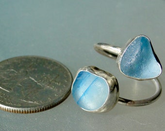 Adjustable Blue Sterling Silver English Sea Glass Ring Size 6.5-11
