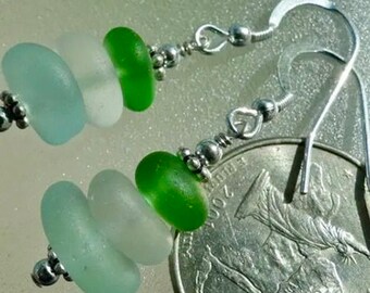 Handcrafted Sterling Silver Aqua, Green & White Sea Glass Earrings