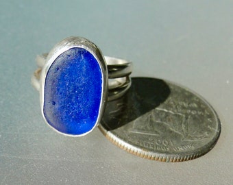 Blue Sterling Silver Long Island Sea Glass Ring Size 6.5