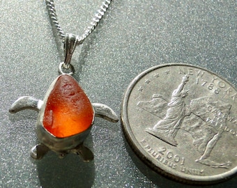 Sterling Silver Orange Sea Glass Bezel Turtle Necklace