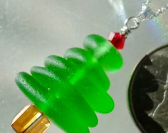 Sterling Silver Green Christmas Sea Glass Necklace