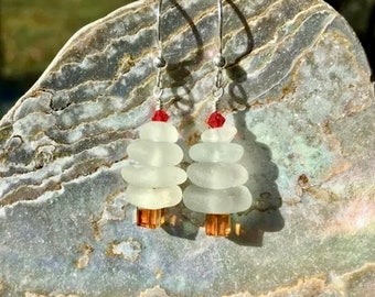 Handcrafted Sterling Silver Retro Christmas Sea Glass Earrings