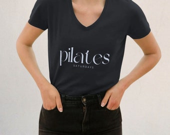 Pilates Saturdays Organic Cotton Minimalistic Plain Black V-neck T-shirt