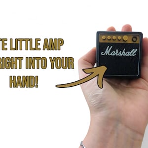 Pu&ograve; includere: Un piccolo amplificatore Marshall nero con manopole dorate e la scritta "Marshall" in lettere bianche. L'amplificatore &egrave; tenuto in mano da una persona.
