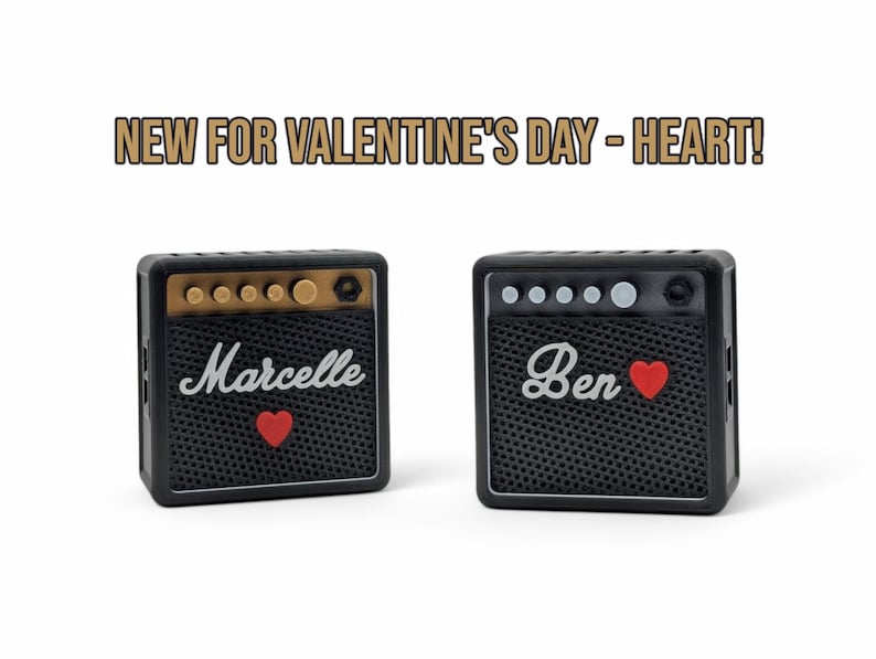 2 guitar pick holders, showcasing new ability to have a heart ❤️ added to your custom item for valentine's day