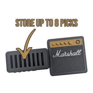 Mini Marshall inspired amp pick holder with space for up to 8 guitar picks, perfect for musicians on the go