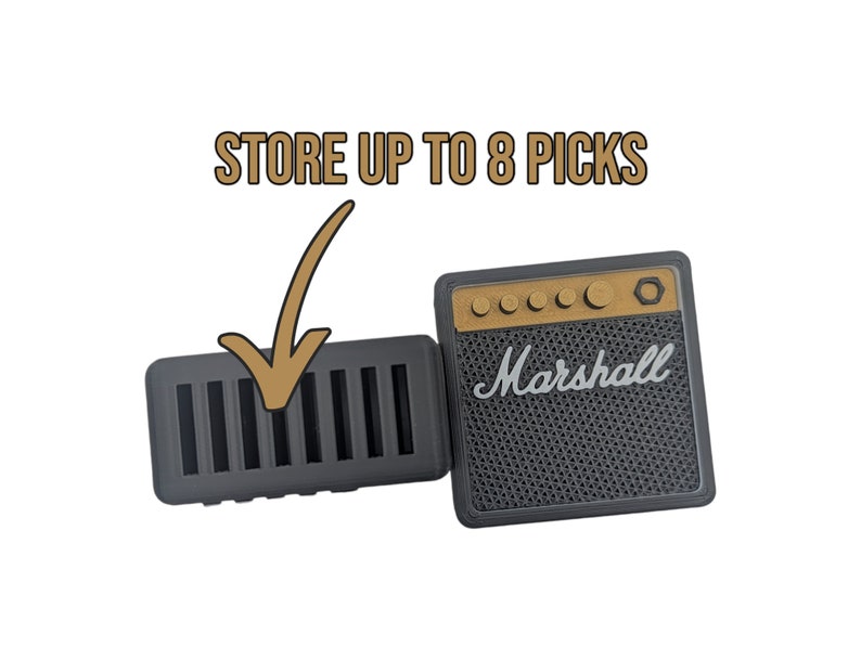 Mini Marshall inspired amp pick holder with space for up to 8 guitar picks, perfect for musicians on the go