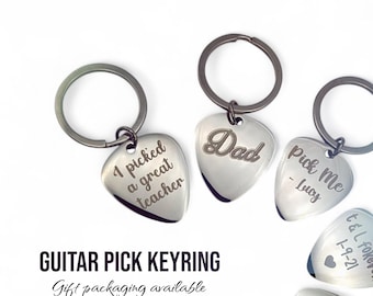Engraved Guitar Pick Keychain: Stainless Steel Personalised Musician Gift