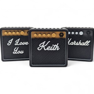 Three mini guitar amp pick holders featuring the phrases "I love you" & "Keith" on the speaker grills