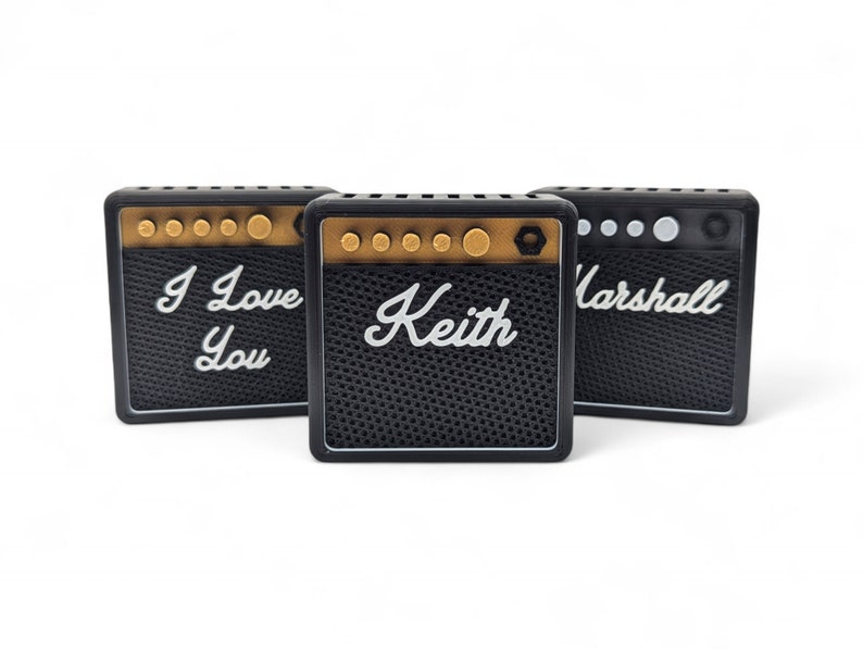 Three mini guitar amp pick holders featuring the phrases "I love you" & "Keith" on the speaker grills