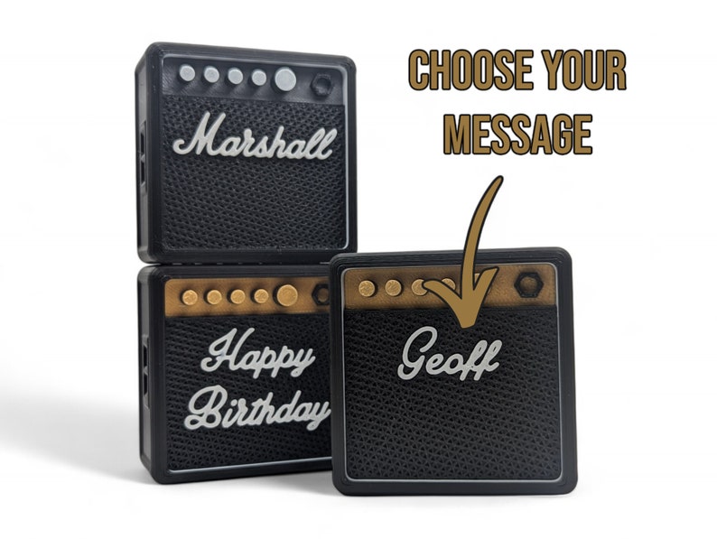 Mini guitar amp plectrum holders in a stylish case, perfect for personalizing with your own message.