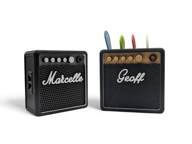 A pair of mini marshall guitar amplifier styled plectrum displays with colourful guitar picks nestled into the right   personalized mini amps adorned with "Geoff" & "Marcelle"