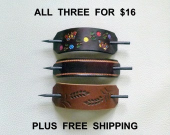 Retro Leather Barrettes, Hippie Barrettes.  Stick Barrettes, Free Shipping Leather Barrettes, Slider Barrettes