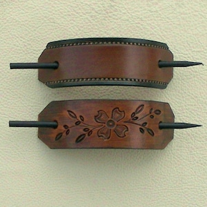 Retro Leather Hair Barrettes with Sticks, Dogwood Design, Set of 2