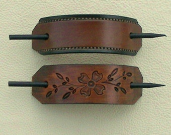 Retro Leather Hair Barrettes with Sticks, Hippie Barrettes, Slider Barrettes