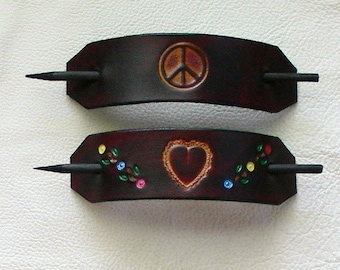 Hippie Style Leather Hair Barrettes, Peace and Love Barrettes, Retro Leather Barrettes