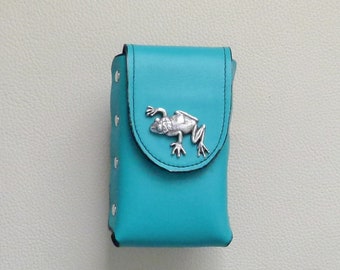 Turquoise Leather Cigarette Case with Tree Frog Decoration