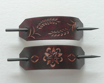 Tooled Leather Hair Barrettes with Sticks, Retro Leather Barrettes, Hippie Leather Barrettes