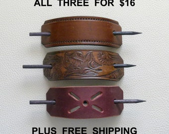 Retro Leather Barrettes, Hippie Barrettes.  Stick Barrettes, Free Shipping Leather Barrettes