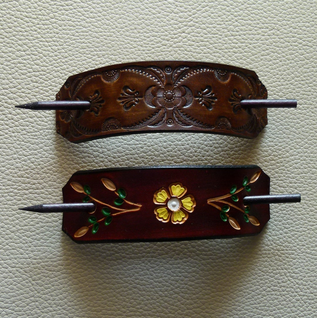 Retro Leather Hair Barrettes With Sticks, Hippie Style Barrettes