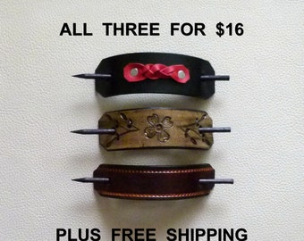 Retro Leather Barrettes, Hippie Barrettes.  Stick Barrettes, Free Shipping Leather Barrettes, Slider Barrettes