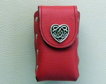 Cigarette Case, Red Leather Cigarette Case with Heart Concho, Celtic Heart Concho