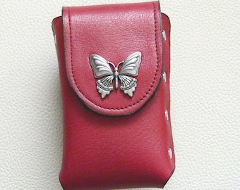 red leather cigarette case Women's with Lighter Pocket by CTM handcrafted from full grain leather for durability Rivet Cigarette Case