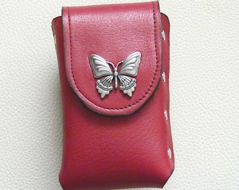 Red Leather Cigarette Case with Butterfly Concho,  Butterfly Cigarette Case, Leather Cigarette Case