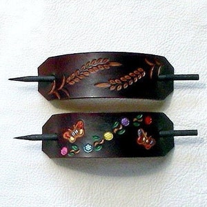 Retro Style Leather Hair Barrettes with Sticks, Hippie Barrettes, Slider Barrettes