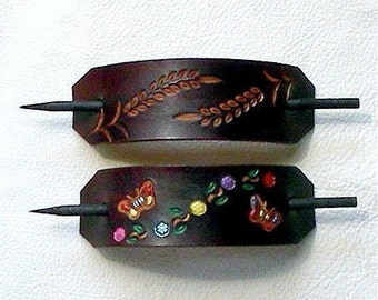 Retro Style Leather Hair Barrettes with Sticks, Hippie Barrettes, Slider Barrettes