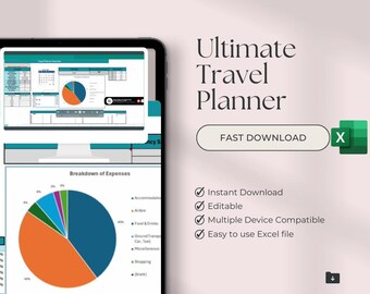May include: A digital image of a spreadsheet with a pie chart showing a breakdown of expenses. The spreadsheet is titled "Ultimate Travel Planner" and includes a green "FAST DOWNLOAD" button. The spreadsheet is compatible with multiple devices and is easy to use.