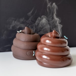 May include: Two coiled, poop-shaped incense burners emitting wisps of smoke. One burner has a matte dark brown finish, while the other has a glossy medium brown finish. Both feature small, attached blue and white fly figures on their surfaces.
