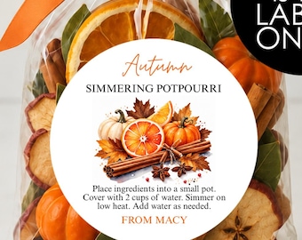 Autumn Simmering Potpourri Labels, Fall Stickers, Thanksgiving Stovetop Potpourri, Hostess Gift, Homemade Holiday, Mason Jar, Neighbor Gifts