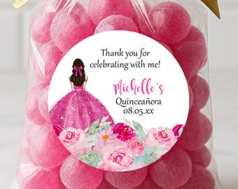 Quinceanera Favor Labels, Quinceanera Party Favor, Mis Quince Stickers, Pink Floral Labels, 15th Birthday Stickers, Personalized Favors