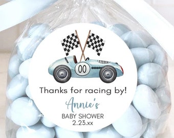 Race Car Baby Shower Labels, Racing Stickers, Retro Vintage Blue Car, Boy Baby Sprinkle Favors, Thank You Sticker, Party Treats for Guests