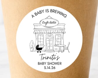 Cafe Bebe, A Baby is Brewing Stickers, Coffee Baby Shower Labels, French Parisian, Personalized Custom, Thank You, Guest Favors, Minimalist