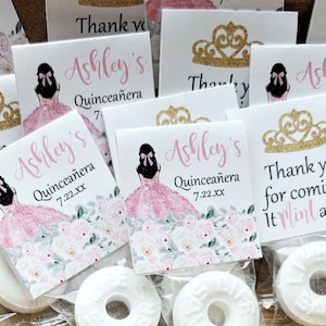 Quinceanera Mint Favors, 15th Birthday Favors, Quinceanera Party Favors, Mis Quince, Pink Floral Tags, Blush Dress Mint Toppers