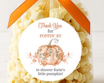 Thanks for Poppin By, Pumpkin Favor Sticker, Baby Shower Labels, Orange Toile Baby Shower, Popcorn Stickers, Personalized Custom, Popping By