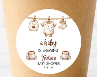 A Baby is Brewing Stickers, Coffee Baby Shower Labels, Personalized Custom, Baby Clothesline, Thank You Stickers, Guest Favors, Minimalist